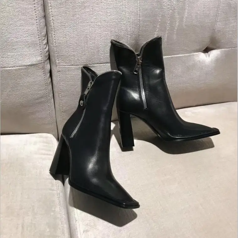 As pic Подиумные сапоги; женская зимняя обувь на высоком каблуке; Botas Mujer; кожаные ботильоны; Bota Feminina; женская обувь с квадратным носком; Zapatos De Mujer - Цвет: As pic