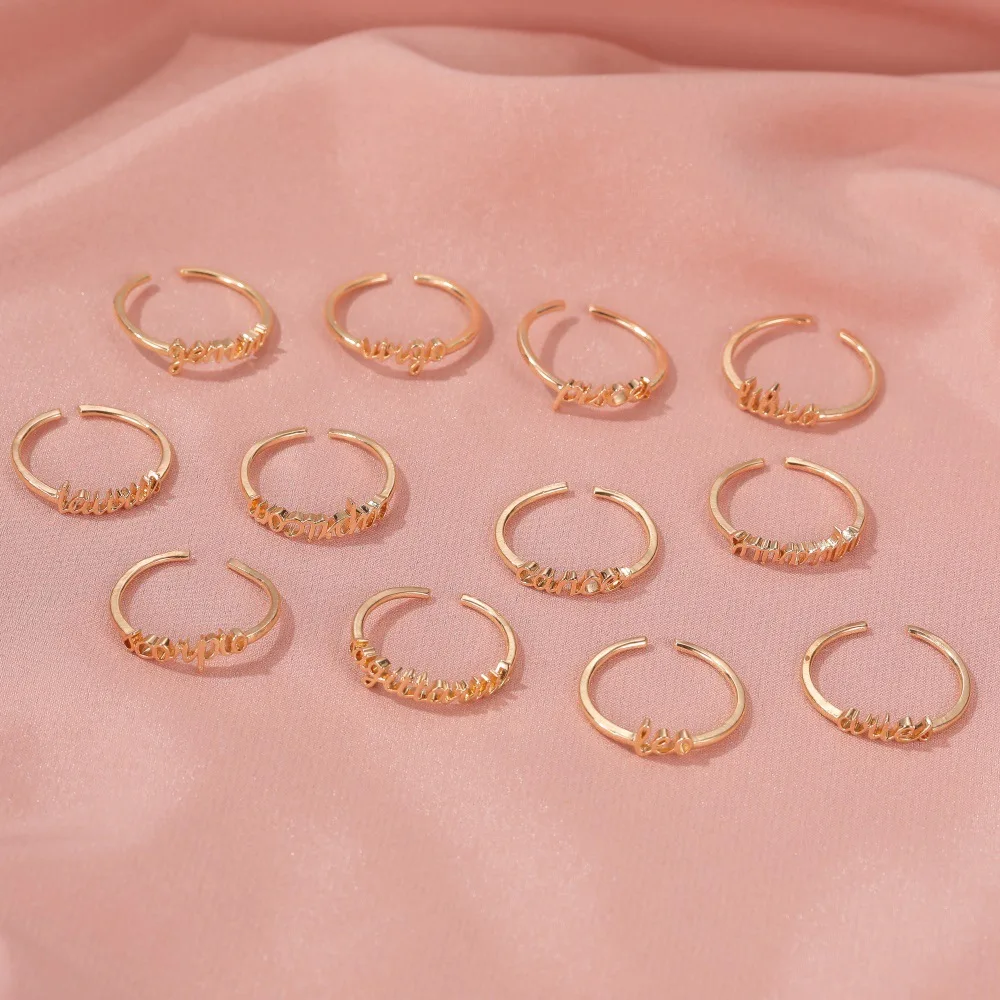 Minimalist thin Open Gold 12 Star Signs Finger Rings Birthday Friendship Jewelry Gift Personality Custom Zodiac Rings For Women