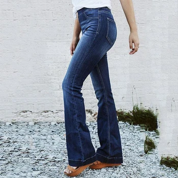 

Jeans Mom Elastic High Waist Jeans Women Slim Brand High Quality Ladies Dark Blue Bell Bottom Pants Jeans