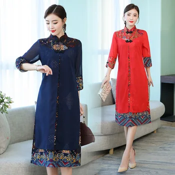 

2020 chinese traditional dress embroidery lace chiffon cheongsam women flower printing dress chinese traditional dress wedding