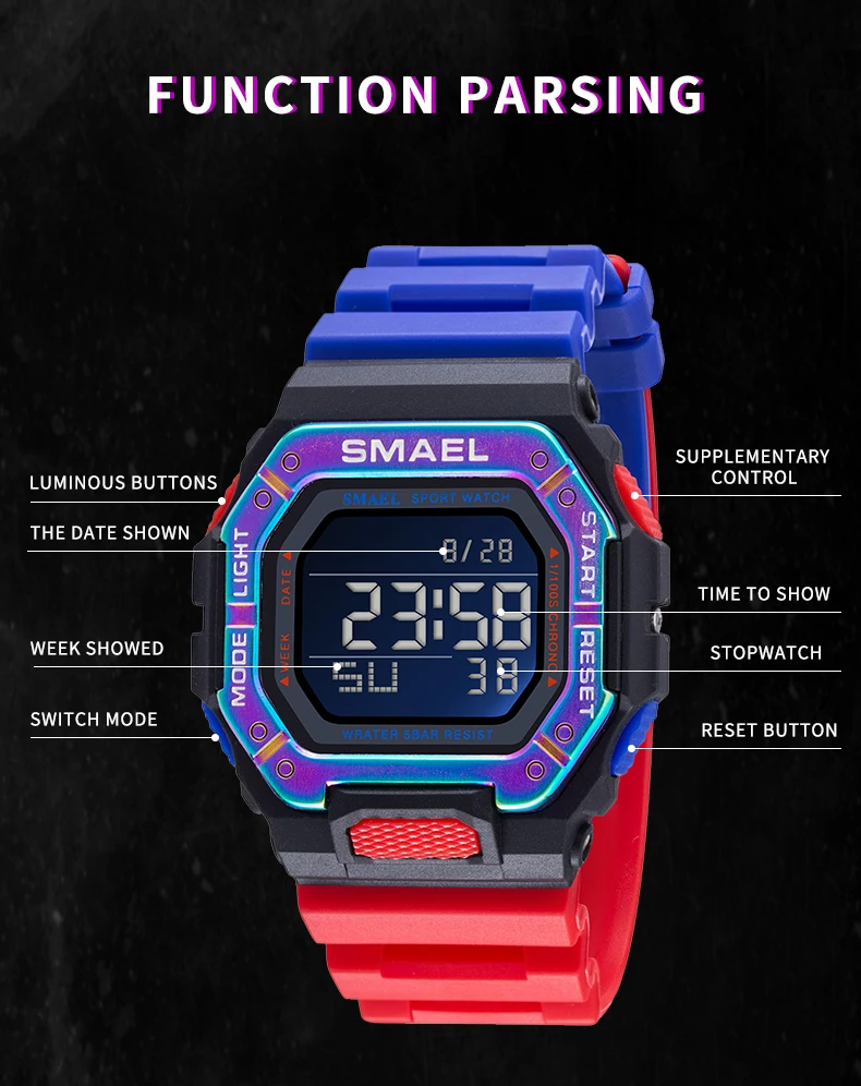 SMAEL Digital Watch for Men 50m Waterproof LED Display Auto Date Electronic Wristwatch Military Sport Watches Men's часы мужские