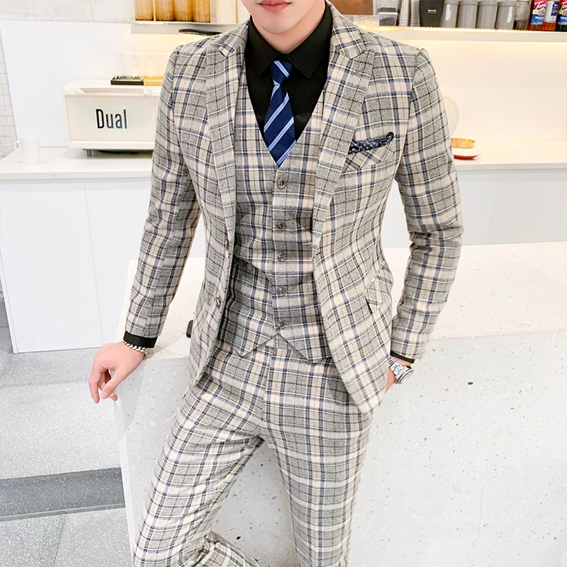 

Classic Men Wedding Suit Slim Design Men Business Suit Fashion Plaid Suit Men 3Piece Set Size 5XL Men Blazer Coat + Pant + Vest