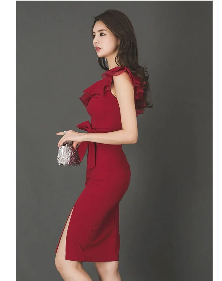 Женское летнее вечернее платье женское элегантное красное тонкое обтягивающее платье-карандаш с рюшами, Формальное сексуальное офисное женское платье, повседневная одежда