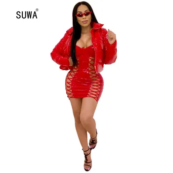 

Top design 2020 winter sexy solid color short feather thick coats full sleeve zipper fly chic coats lady warm casual Outerwear