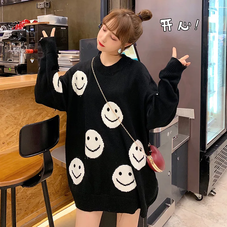 Casual Loose Knitted Women's Smile Face Sweaters - true deals club