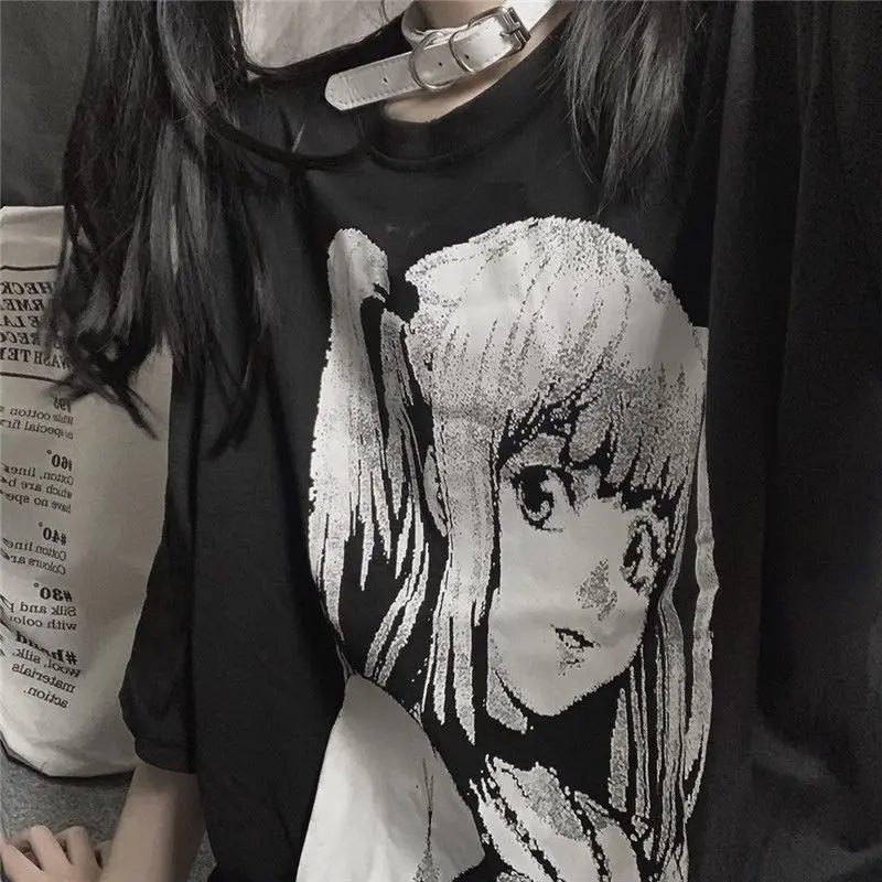 Anime Graphic T Shirts Women 2021 Summer Japanese Style Alt Clothes Aesthetic E Girl Top Mujer MINGLIUSILI Black Goth Tee Shirt