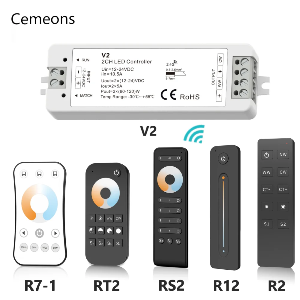 V2 LED Controller WW CW CCT 2CH 12V 24V DC 10A LED Dimmer RF 2.4G Wireless Remote Control for Single Color Dual White LED Strip