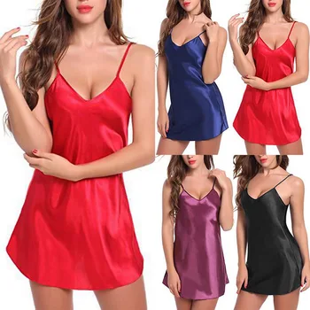 

Sexy Nightdress Deep V Lace Sleepwear Women Lingerie Silk Satin nightie Nightgown Sleeveless Sling Nightwear Home Dress 2XL