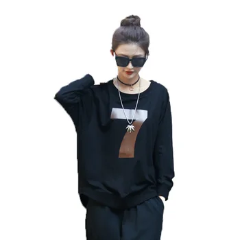 

Woman Long Sleeve Loose Tide Thin Lazy Wind Loose T Shirts For Women Black Color Tees Female