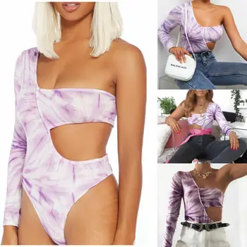 

Sexy Women Personal off shoulder jumpsuit Bodysuit Print Color one Shouder Hollow Out Lavender