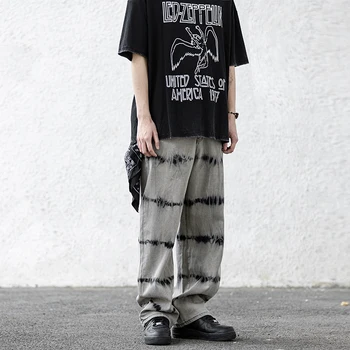 

Tie-dye Gradient Grey Jeans Man Horizontal Striped Washed Pants Mens Streetwear Hiphop Casual Straight Denim Trousers Men