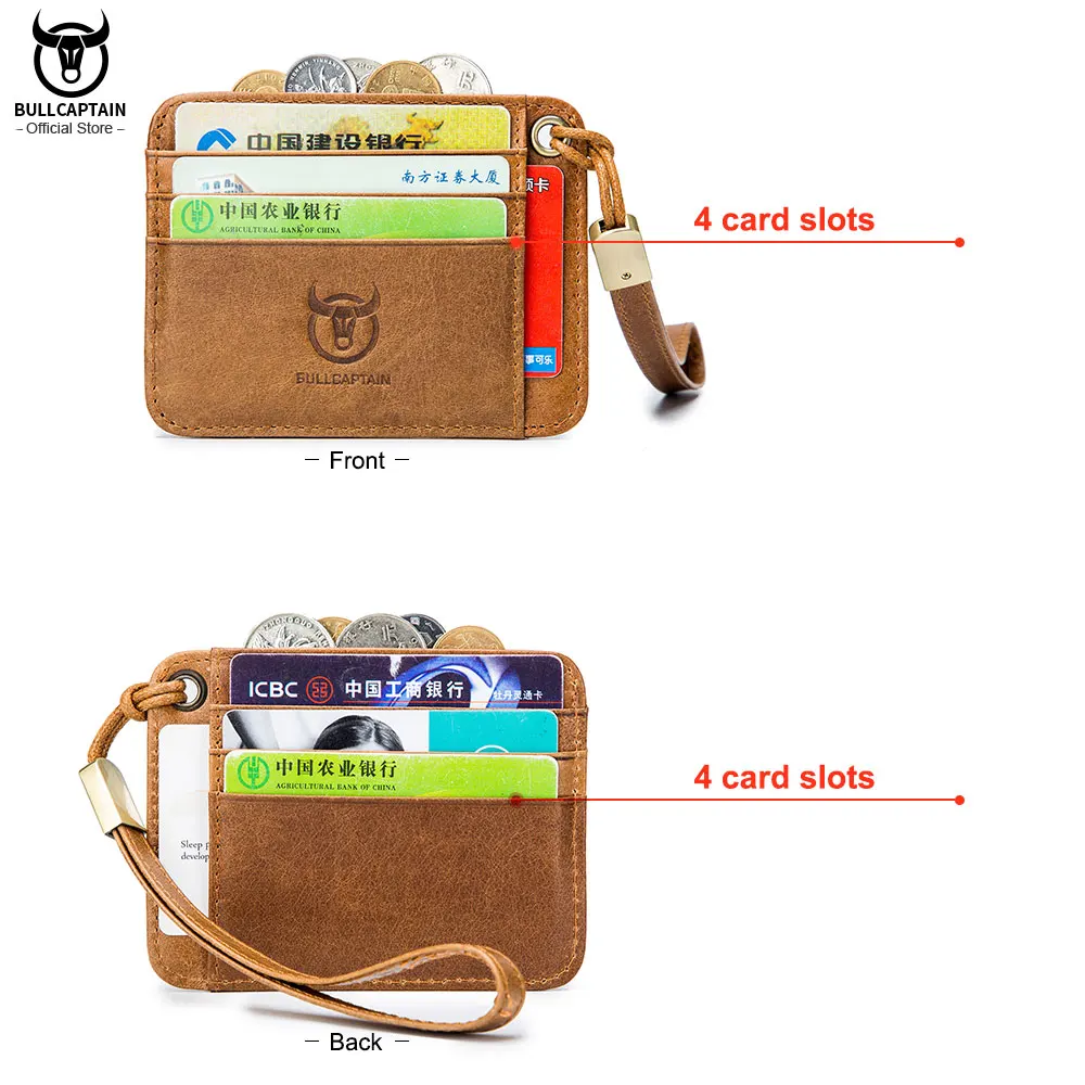BULLCAPTAIN Genuine Leather Business Credit Card Holder mini RFID Card protection Unisex ID Holders CARDS WALLET WITH WRIST