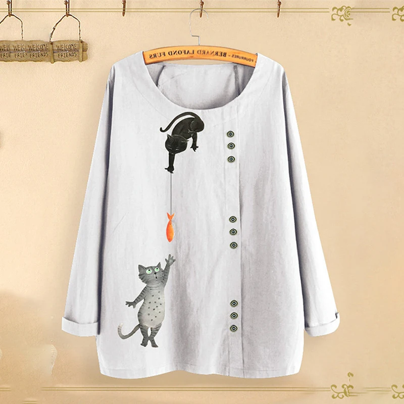 

Women Blouses Cat Fish Print Tops Autumn Winter O-Neck Long Sleeve Cotton Linen Casual Plus Size Ladies Tops Plus Size XXXL