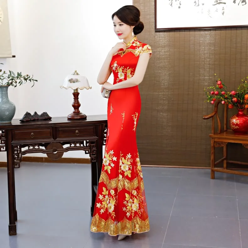 Red Вечерние Cheongsam Китайский традиционный стиль женское зеленое тонкое вечернее платье Qipao сексуальное Очаровательное платье ретро китайское платье - Цвет: Red