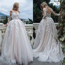 

Long Sleeves Princess Wedding Dresses 2020 Tulle A Line Open Back Bridal Ball Gown Lace Appliques Illusion Vestido De Noiva New