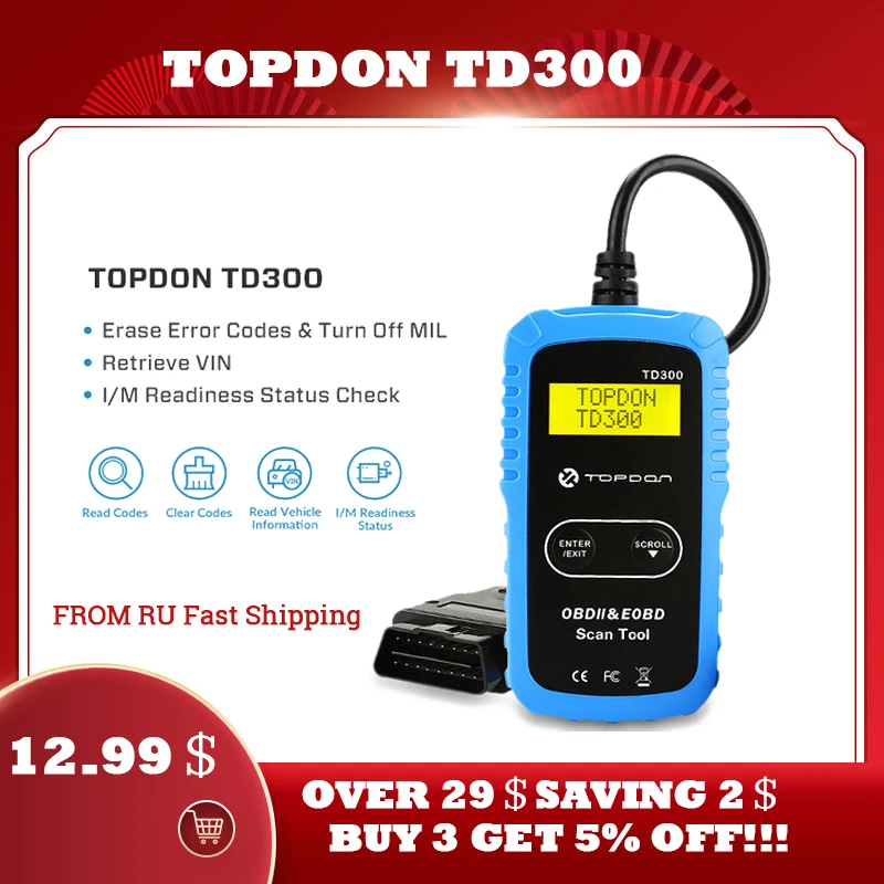 OBD сканер TOPDON TD300 Универсальный OBD2 инструмент для диагностики автомобиля