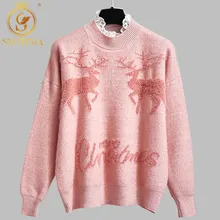 SMTHMA Рождественский свитер женский джемпер Зимний пуловер для девочек вязаный кружевной воротник мягкий розовый с рисунком лося модный