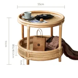 Mesa de té pequeña de ratán con esquinas redondeadas, estantes de mimbre de bambú, escritorio lateral nórdico indonesio