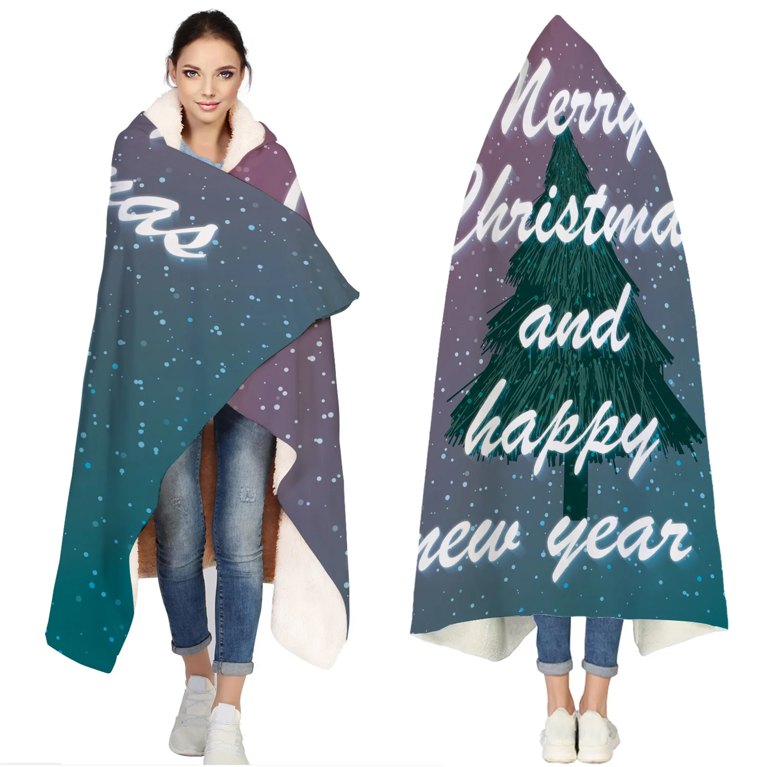 

Merry Christams And Happy New Year Portable Wearable Fluffy Custom Hooded Blanket Fleece Hooded Throw WrapBed Blanket