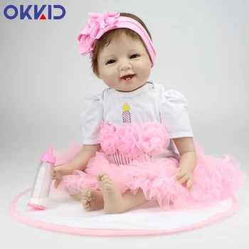 

OKKID 55cm Reborn Bebe Doll Toys For Girls Newborn Cute Alive Silicone Vinyl Pink Dress Baby Dolls Birthday Present