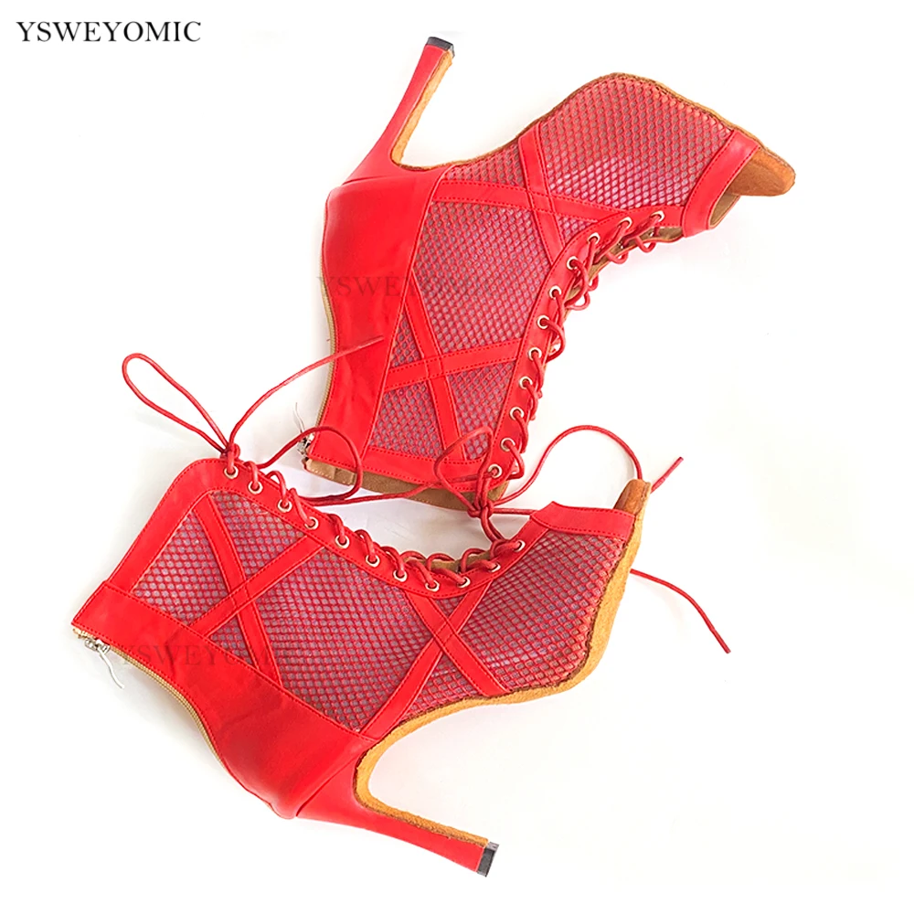 Red Leather Salsa Latin Dance Booties For Women in Big Size US11 Suede Outsole Use in Order Customized Heel Dance Shoes Women
