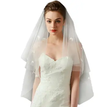

Women Long Tulle Wedding Veil Wavy Trim Faux Pearl Mini Bowknot Bridal Headdress