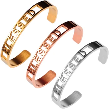 

Carvort Women Inspirational Stainless Steel Bracelet Engraved BLESSED Bangle- Gold, Rose Gold 8mm Width Bangle Bracelets