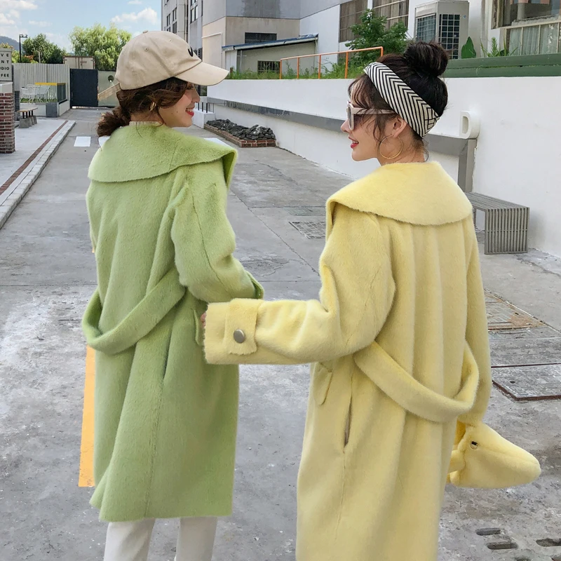 Яркие зеленые желтые меховые куртки из искусственной норки г. Зимние однобортные длинные пальто, верхняя одежда уличная мода для девочек, пальто с мехом