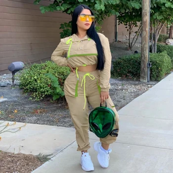 

TWO PIECE SET Hoodies Crop Top Long Sleeve Drawstring Tracksuit Women Plus Size Sweat Suit Sweatsuits Windbreaker Sporting 2 PCS