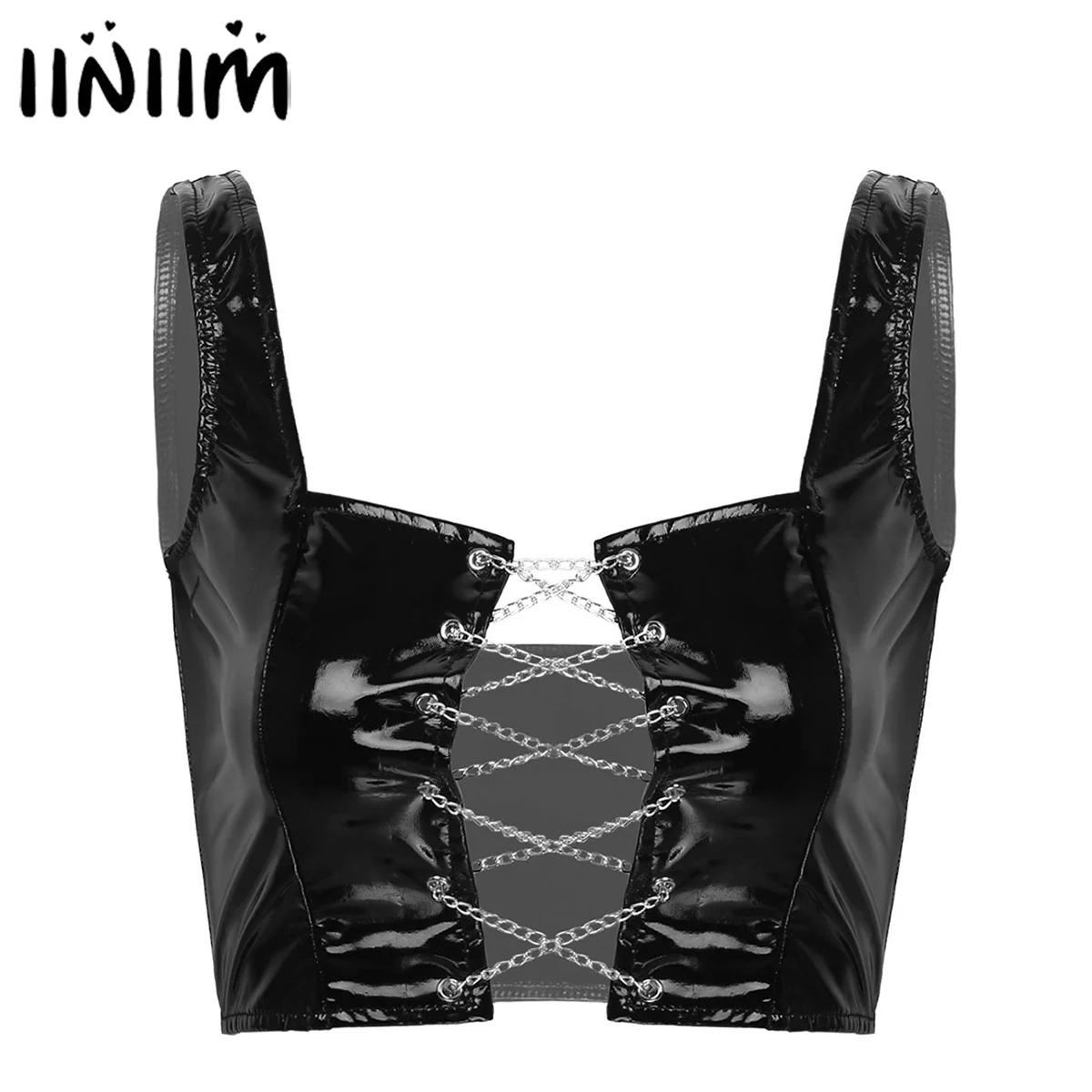 

iiniim Women Ladies Wet Look Exotic Parties Sexy Dance Clubwear Front with Chain Lace Up Tanks Crop Top Short Vest Bustier Vest