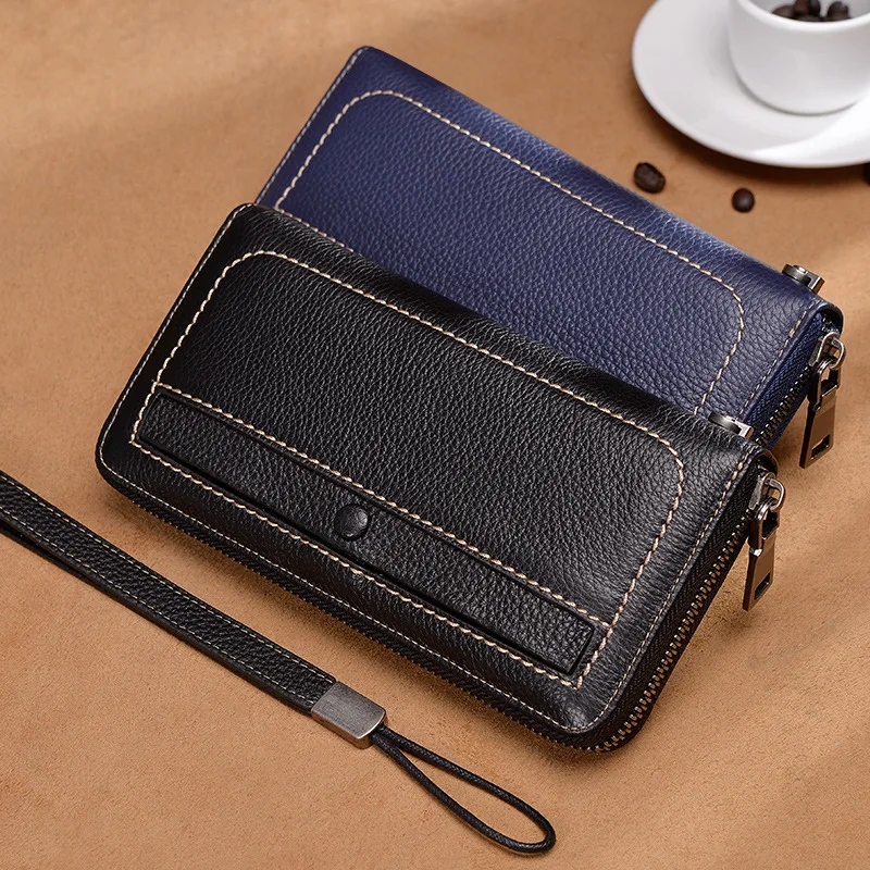 

New Style Wallet Men's Long Zipper Handbag Women's Cow Leather Wallet Casual Large-Volume Genuine Leather Hand Grab Bag