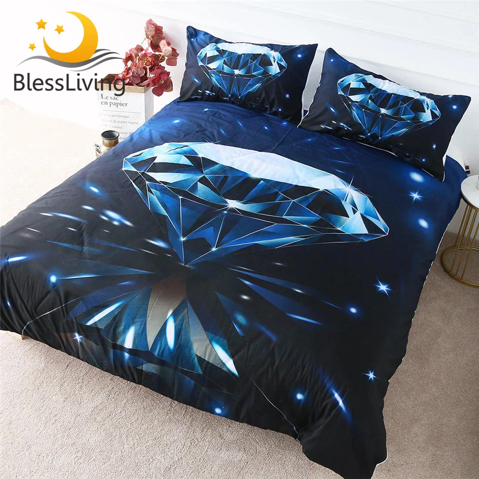 

BlessLiving Diamond Bedding Set Luxury Shining Duvet Cover Geometric Home Textiles 3D Printing Dark Blue Bed Cover Set 3-Piece