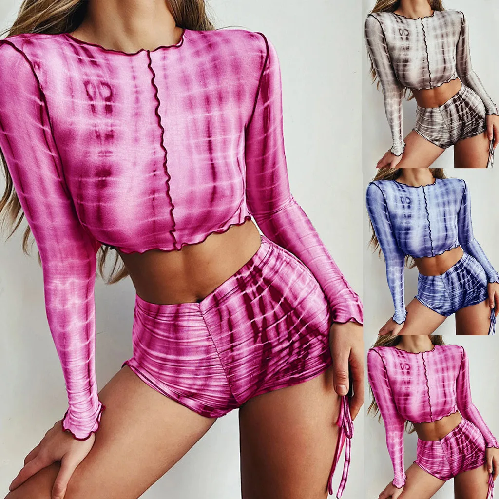 Women's summer suit Female Clother Vintage Stripe Print 2 Piece Set Crop Top Shorts Ruched Set Sport Slim Set ternos curtos 1