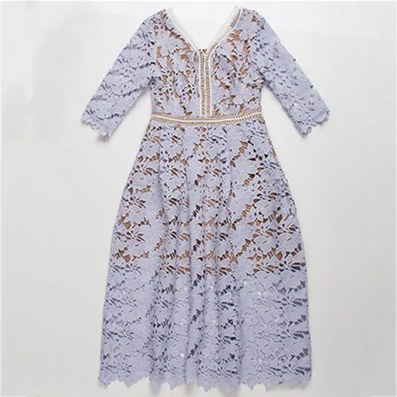 [XITAO] Korea Women Spring New Arrival V-Neck Pullover Half Sleeve Solid Color Hollow Out A-Line Mid-Calf Dress KF-015 - Цвет: light purple  KF-015
