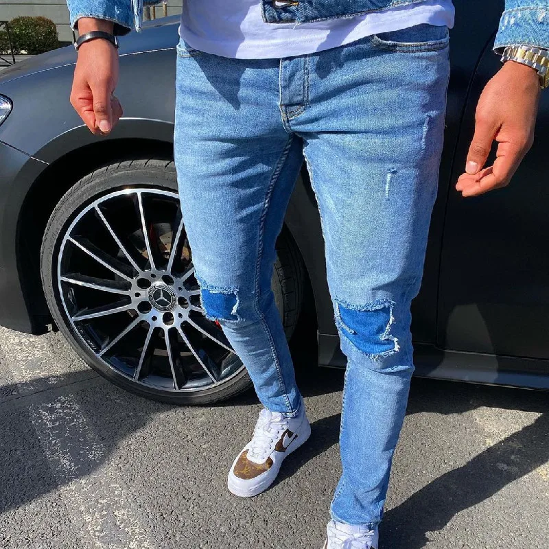 

2022 New Men Jeans Korean Patch Worn Elastic Casual Pencil Denim Pants Slim Solid Color Men Pants High Street Hole Jeans for Men