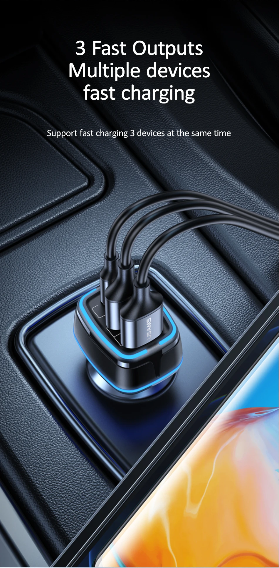 USAMS 80W Car Fast Charger with 3 Ports USB Type C PD 3.0 QC3.0 Quick Charge US-CC126 20 H0bf6b719ec694c5b9569a692c739827dG