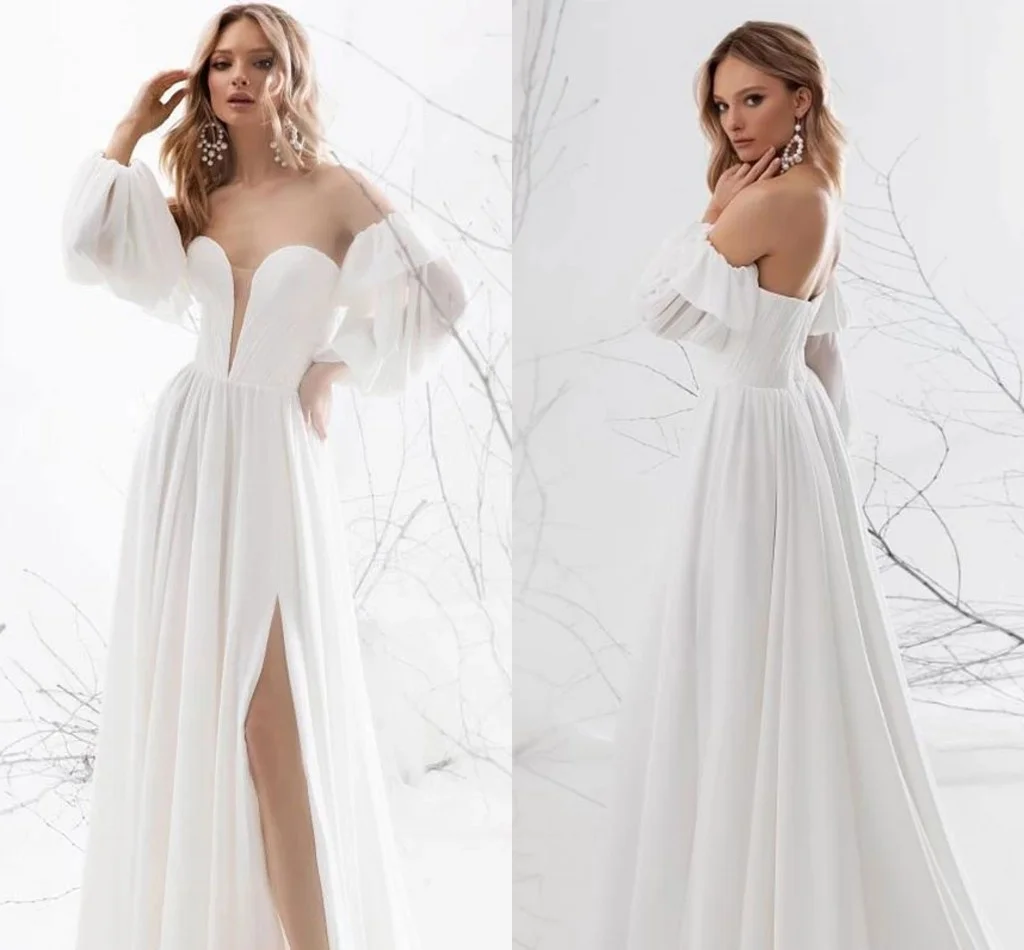 『Cheap!!!』- 2021 Chiffon Off Shoulder Wedding Dress White Summer
Beach A Line Simple Bride Gowns With Puffy Long Sleeves Sexy Open Back
Side