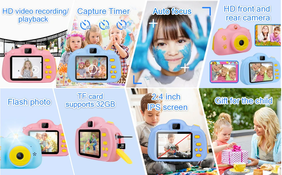 Детская мини-камера, обучающие игрушки для детей, подарок для малышей, цифровая камера 1080P HD, селфи-видеокамера с картой 32G