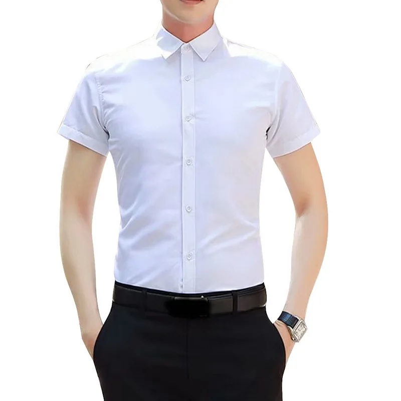 white short MoneRffi Весна Длинный рукав отложной воротник мужские рубашки корейский стиль slim fit Твердые деловые рубашки топы мужские белые рубашки на пуговицах - Цвет: white short