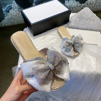 

New 2020 Bud silk surface Sliders For Woman Summer Beach Slippers Designer Brand Rhinestone sequined straw Slippers