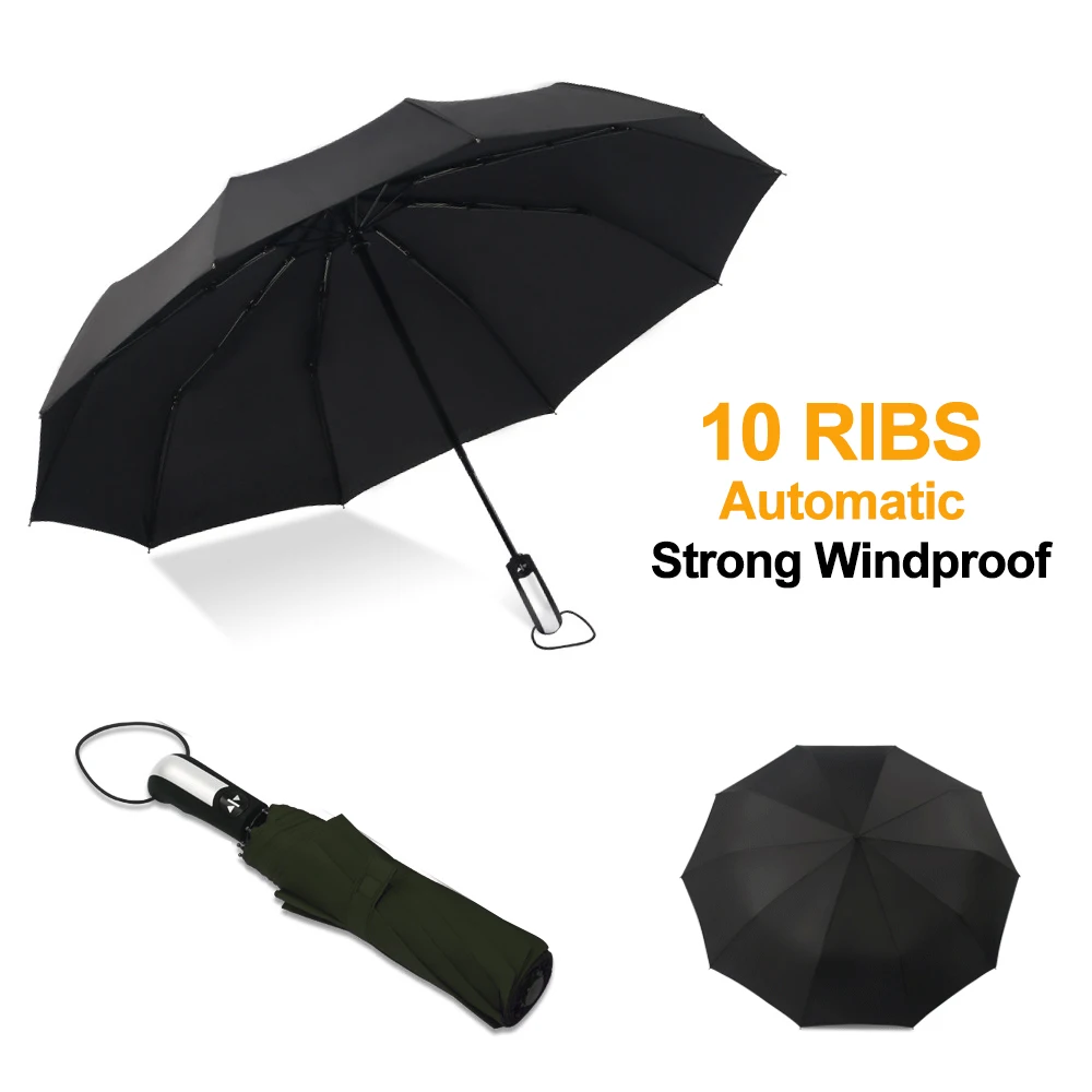 Полностью автоматический мужской зонт с защитой от ветра, 10 ребер, складной черный зонт для путешествий, большой модный большой зонт от дождя, подарок для женщин - Цвет: black