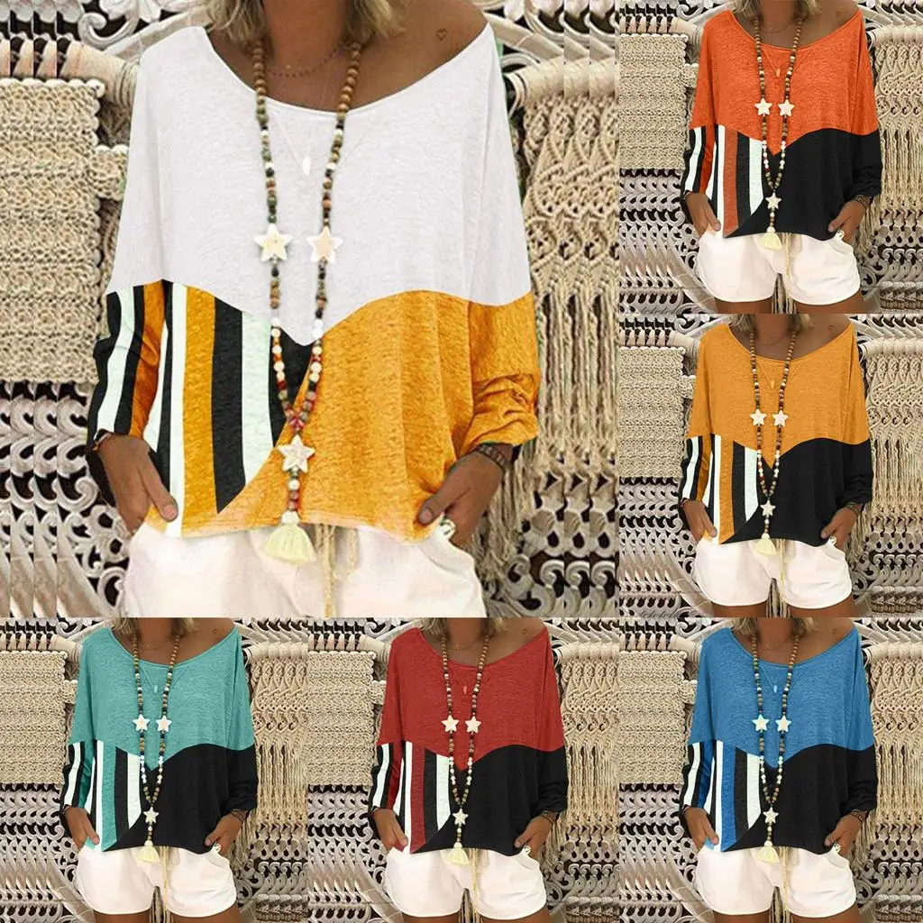 JAYCOSIN Fashion Blouse Casual Loose Round Neck Long Sleeve Color Matching Shirts Blouses Embroidery Casual Women Full Shirt 722