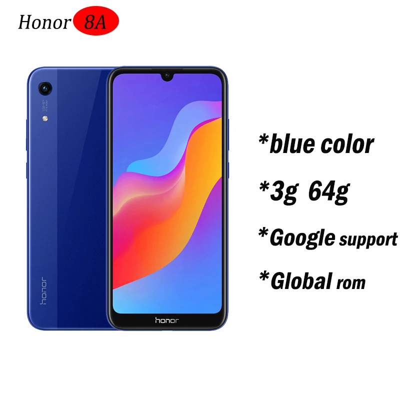 3g64 blue global rom Новое поступление,, Honor 8A, 6,09 дюйма, MTK6765, Android 9,0, 8.0MP+ 13.0MP камера, 3020 мАч, разблокировка лица - Цвет: 3g64 blue global rom