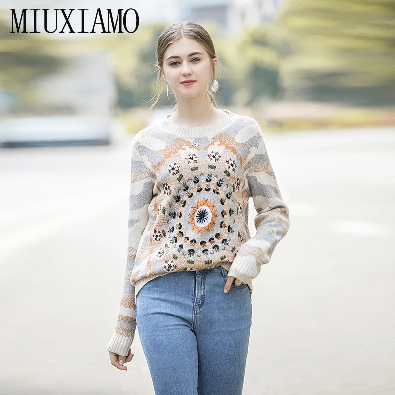 MIUXIMAO, высокое качество, Европейская мода, осень, Новое поступление, Повседневный, Круглый ворот, длинный рукав, элегантный свитер для женщин, vestido