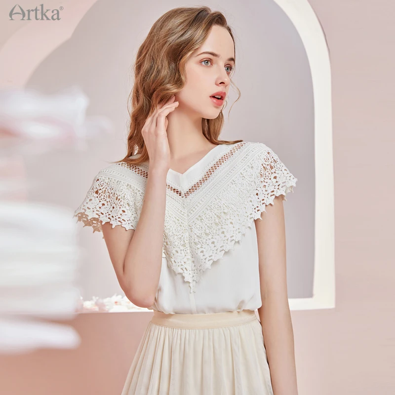 ARTKA 2021 новые летние женские Шифоновая Блузка Элегантные открытые кружевное