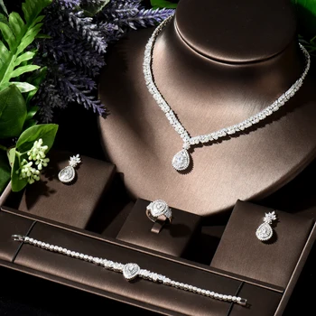 HIBRIDE Fashion Cubic Zirconia Water Drop Pendant Necklace and Earrings Set Bridal Wedding Jewelry Sets for Party Gifts N-128