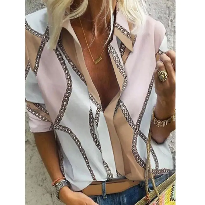 

2019 Autumn Women's Long Sleeve Vintage V-neck Chain Print Shirt Turn-Down Collar Loose Tops T Shirt OL Ladies Casual Shirts