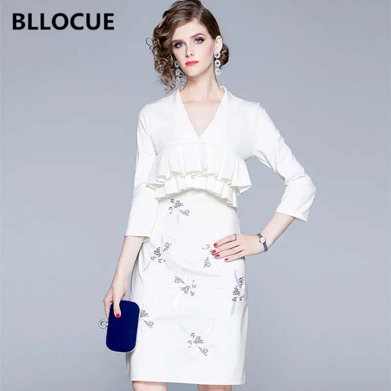 

BLLOCUE Runway Women Elegant Office Dress 2019 Autumn Winter Ladies V-neck Vintage Flower Embroidery Ruffles Dresses
