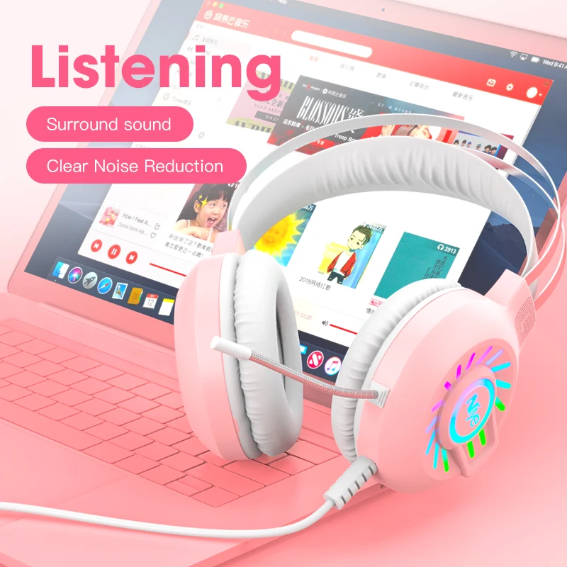 Розовый гарнитуры геймера Игровые наушники Проводная USB ПК компьютер для 7 1 Surround