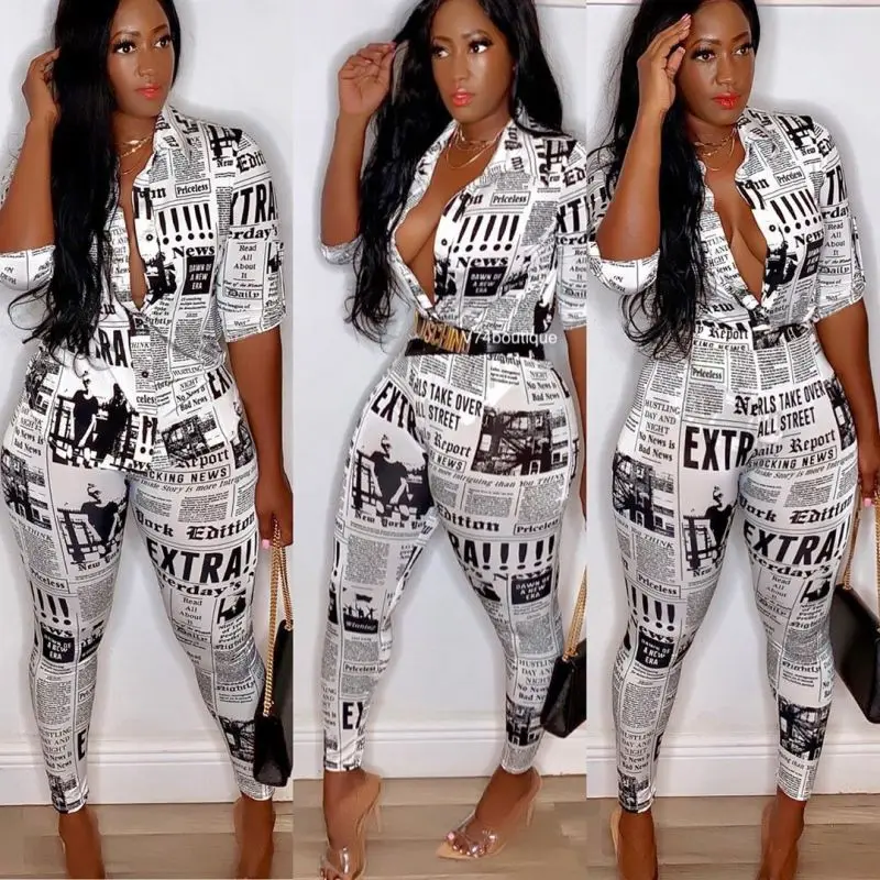 

2 Piece Set Women Autumn and Winter Women's Long-sleeved Newspaper Print Shirt Female Two Piece Set OL Casual Women Set